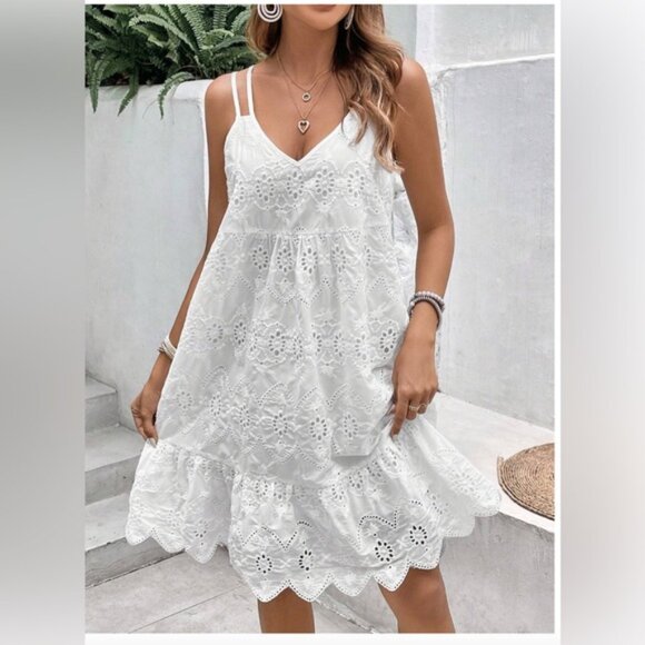 French Eyelet Embroidery Ruffle Hem Cami Dress White - Picture 4 of 5